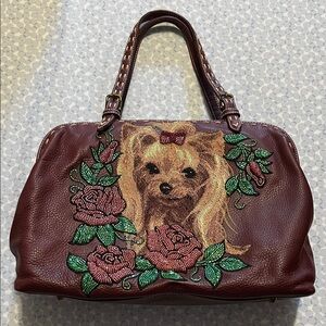 Isabella Fiore Maroon Dog and Rose Embroidered Shoulder Bag